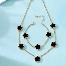 1 Set Metallic Floral Bracelet & Necklace - Black - View 4