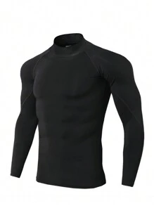 3pcs High Neck Patchwork Sports Outdoor Training Long Sleeve Base Layer, Plain Color Fitness Running Basketball Casual Sweatshirt - Multicolor - View 3