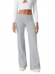 Women Elastic Wide Leg Pants Casual Cute Striped Print Folded Waist Trousers For Work Office Streetwear - Light Grey - View 2