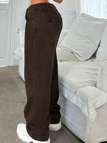 Jeans rectos casuales para mujer, versátiles, aptos para todas las estaciones - Marrón - Ver 2