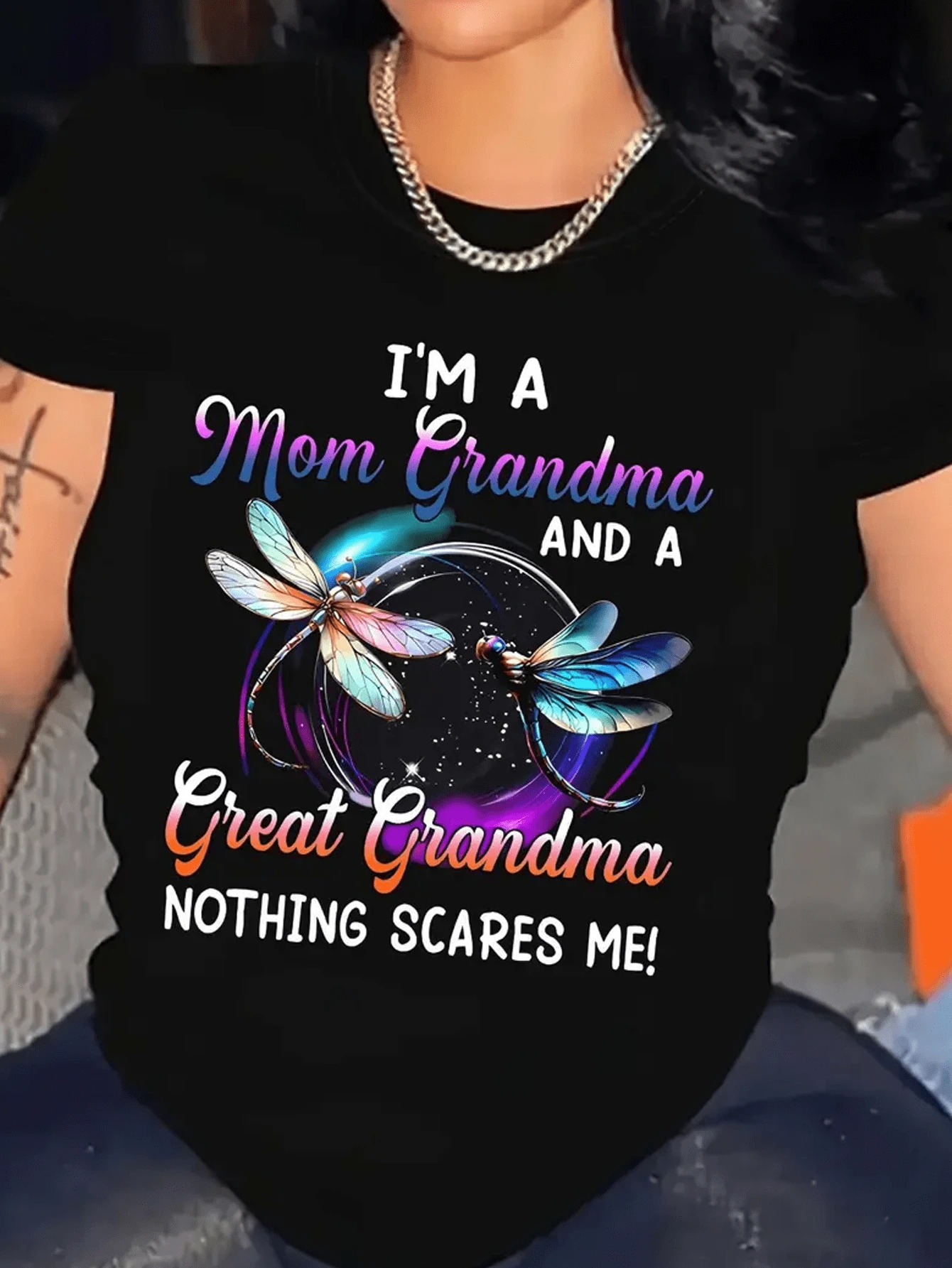 Women's Dragonfly Print T-Shirt, Round Neck Knitted Top Four Seasons Casual Short Sleeve T-Shirt, Mom And Grandma Pattern Shirt - 黑色 - 查看 1