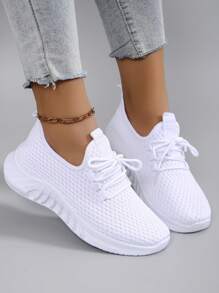 Women's Spring New Lace-Up Casual Athletic Shoes, Comfortable Breathable Lightweight Non-Slip Sports Sneakers - White - View 2