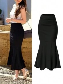 优雅美人鱼尾裙，高腰修身设计，荷叶边裙摆，弹力涤纶混纺面料，可机洗，适合所有季节