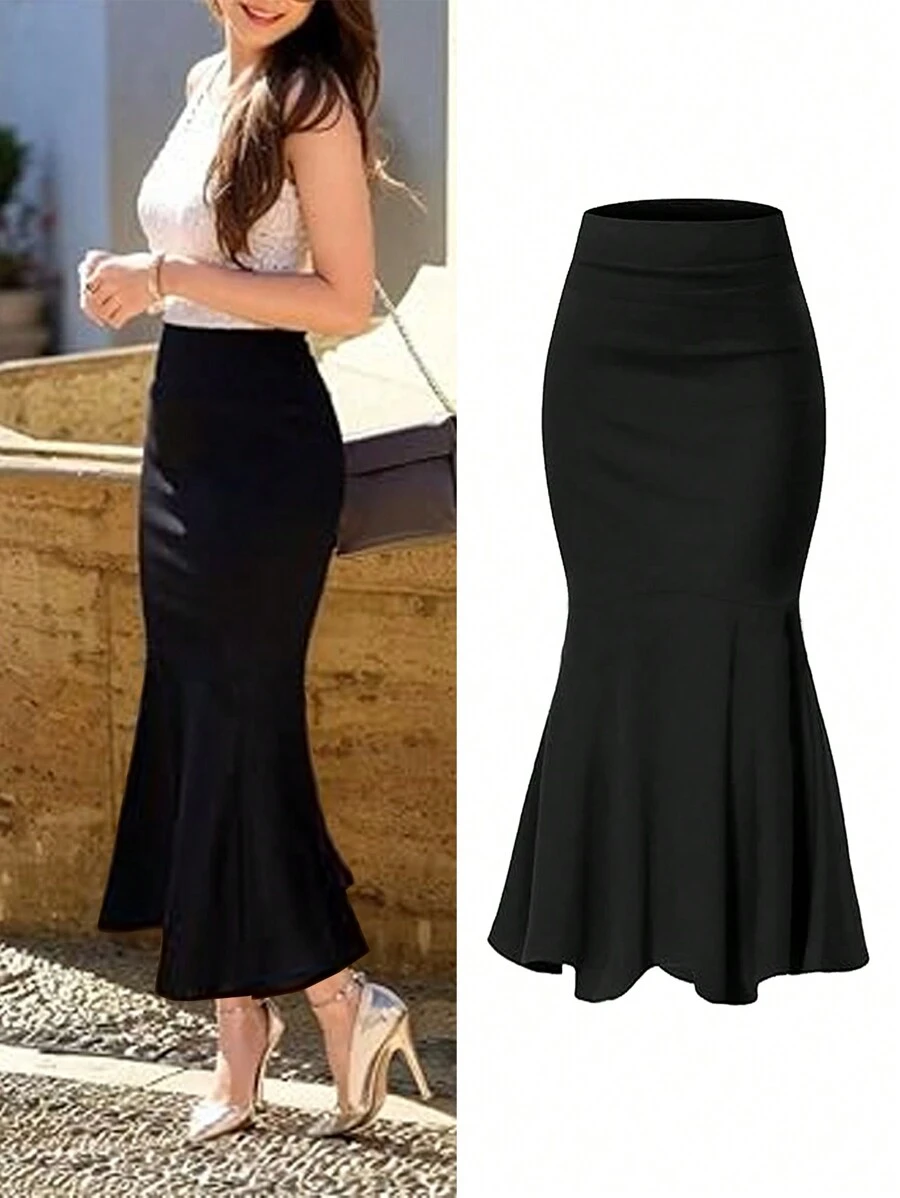 优雅美人鱼尾裙，高腰修身设计，荷叶边裙摆，弹力涤纶混纺面料，可机洗，适合所有季节