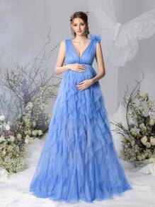 Maternity Plunging Neck Sleeveless Mesh Overlay Photography Dress - Blue - View 2