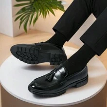 Men's Leather Shoes Tassel Loafers, Thick Sole Elevator Shoes, Slip-OnSlip-On Formal Dress Shoes Suitable For Saturday Parties, Weddings, Groom Wedding Shoes - Black - View 6