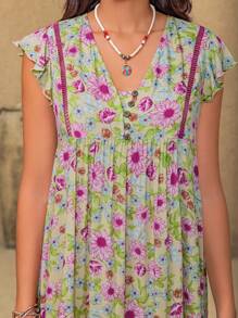 Rusttydustty 音乐节派对粉色V领荷叶袖度假连衣裙，波西米亚碎花连衣裙，夏季优雅 - 藕粉色 - 查看 8