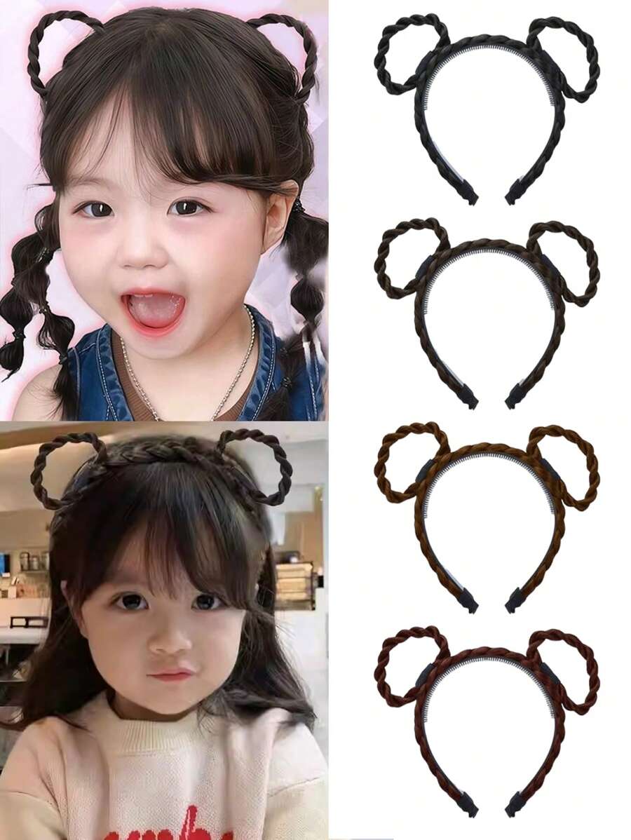 4英寸猫耳儿童接发发带假发头箍假发，女儿儿童编织发饰假发 - 彩色 - 查看 1