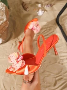 On feet& in love Sandalias de tacón alto de satén con estampado floral para mujer, de punta estrecha, con tiras en el empeine y tacón fino