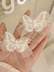 6 件/套女孩蝴蝶发夹公主丝带编织发饰珍珠发带 - 白色 - 查看 7