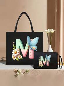 Color Gradient Butterfly Flower Letter A-Z Pattern Tote And Cosmetic Bag Set, Casual Style, Fabric Structure - Black - View 25