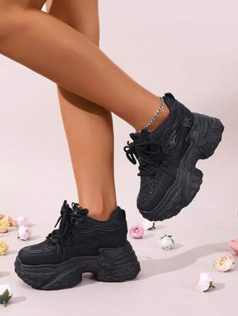 Women's Metallic Round Toe Chunky Platform Chunky Sneakers, Shock-Absorbing Wedge Heel Thick Sole Athletic Shoes For Autumn & Winter