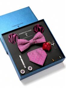 AlanKing 1 Set Gold Flower Necktie, Handkerchief, Cufflinks, Boutonniere Men's Formal Dress Suit For Wedding, Business, Valentine's Day GiftMen Necktie