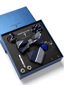 AlanKing 1 套金色花朵领带、手帕、袖扣、胸花男士正装西装适合婚礼、商务、情人节礼物男士领带