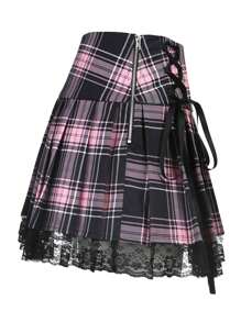Women Gothic Lace Trim Pleated Mini Skirt Punk High Waist A Line Retro Skirt For Casual Party Cosplay - 彩色 - 查看 3