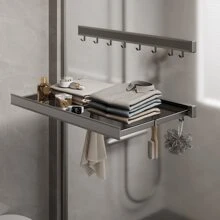 Extendable Clothes Rack, Wall-Mounted Clothes Rack Made Of Space Aluminum With Drying Net, Wall-Mounted Clothes Dryer With Hooks - 灰色 - 查看 1