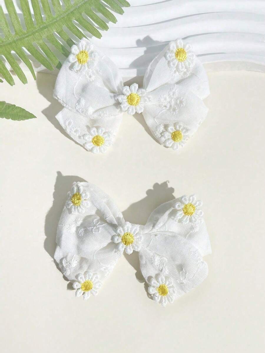 2pcs Sunflower Decor Bow Hair Clips For Girls White Fabric Hair Bow Clips For Kids Elegant Alligator Barrettes For Daily Hair Accessories - Multicolor - View 1