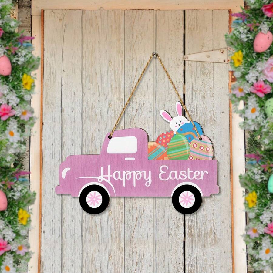 1Pc Easter Car Shape Wooden Wall Hanging Plaque Sign Easter Bunny Door Sign Wreath Decor For Easter Theme Party Decor,Rustic Spring Wood Front Door Sign Easter Egg Hanging Wood Sign Spring Easter Farmhouse Indoor Outdoor Home Porch Decorations - Multicolor - View 1