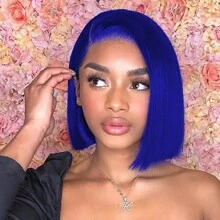 Short Bob Blue Colored 13X4 Lace Part Transparent Lace Peruvian Virgin Hair Wig For Women Really Human Wig Straight Wig For Women Halloween Costumes