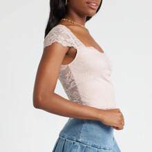Women Summer Lace Tops Cap Sleeve Square Neck Slim Fit Crop Top T-Shirt - Hồng - Xem 2