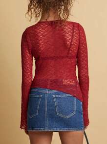 Women's Y2K Keyhole Lace Tops Long Sleeve Round Neck Tie-Up Front Slim Fit T-Shirts Blouses - 紅色 - 查看 2
