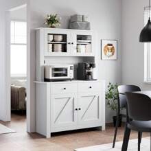 Kitchen Pantry Cabinet With Microwave Stand, Freestanding Hutch With Drawers, Doors & Adjustable Shelves, Buffet Cabinet With Storage, Food Pantry For Kitchen, Dining Room, White/Black/Gray - 白色 - 查看 4