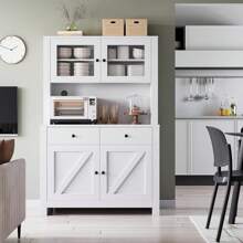 Kitchen Pantry Cabinet With Microwave Stand, Freestanding Hutch With Drawers, Doors & Adjustable Shelves, Buffet Cabinet With Storage, Food Pantry For Kitchen, Dining Room, White/Black/Gray - 白色 - 查看 1