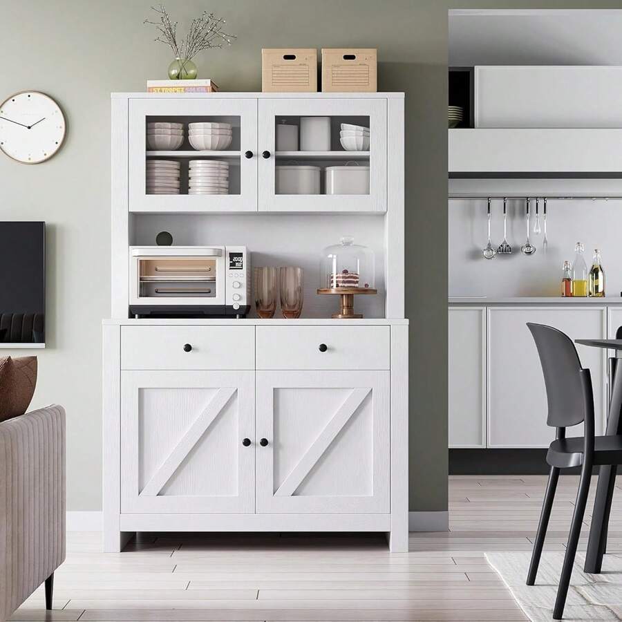 Kitchen Pantry Cabinet With Microwave Stand, Freestanding Hutch With Drawers, Doors & Adjustable Shelves, Buffet Cabinet With Storage, Food Pantry For Kitchen, Dining Room, White/Black/Gray - 白色 - 查看 1