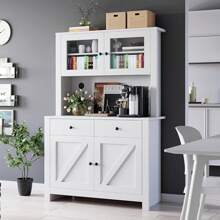 Kitchen Pantry Cabinet With Microwave Stand, Freestanding Hutch With Drawers, Doors & Adjustable Shelves, Buffet Cabinet With Storage, Food Pantry For Kitchen, Dining Room, White/Black/Gray - 白色 - 查看 2