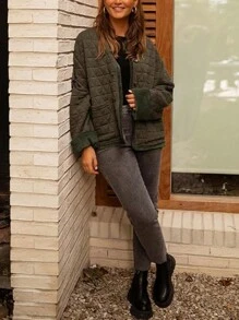 Quilted Jackets For Women Lightweight Button Down Long Sleeve Winter Padded Coat Puffer Jacket - màu xanh lá - Xem 7