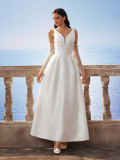 Vestido formal elegante de cetim vintage glamoroso com decote em V, cor sólida, renda, meia manga, minimalista, vestido de noiva para noiva