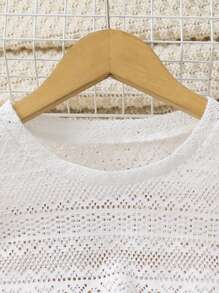 2pcs/Set Girls Summer Outfit, Casual Polyester Knit Mesh Top, Short Sleeve Round Neck, And Matching Black Belt Dress, Slight Stretch, Suitable For 8-12 Years Old Children, Fashionable Summer Clothing For Girls - Perfect Casual Outdoor Wear