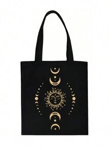 Sun Moon And Stars Printed Canvas Shoulder Bag,A Printed Black Tank Top Tote Bag And A Black Small Bag,Valentine'S Day Gifts,Personalized Wedding Gift Bag For Female Bridesmaids, Makeup Bag, Travel Simple Storage Bag - Black - View 13
