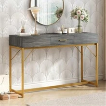 Modern Hallway Table: 120x38x76cm Console With Drawer, Metal Struts, And Gold Accents - Grey - View 1