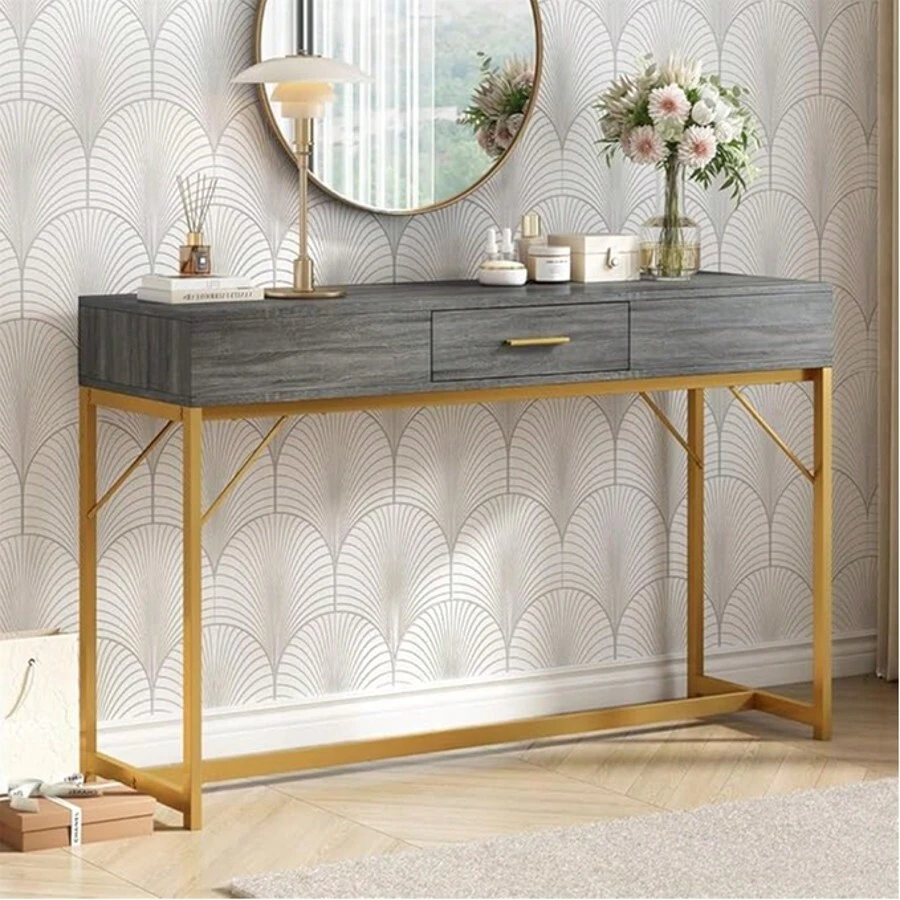 Modern Hallway Table: 120x38x76cm Console With Drawer, Metal Struts, And Gold Accents - Grey - View 1