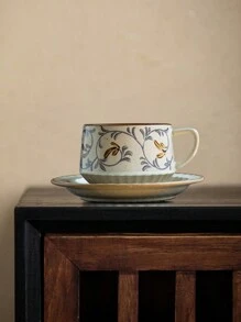 1 件日式复古风格釉下彩绘咖啡杯碟套装，高美感创意粗陶拿铁杯