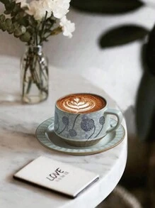 1 件日式复古风格釉下彩绘咖啡杯碟套装，高美感创意粗陶拿铁杯