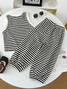 Bộ 2 áo ba lỗ và quần vải dệt kim thường ngày cho bé gái mùa hè - màu đen - Xem 2