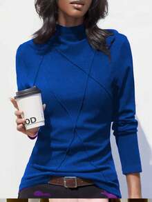 Thermal Lined Turtleneck Undershirt For Women, Spliced Fishbone Line Fashionable Wear Autumn/Winter 2024 New Arrivals - Blue - View 3