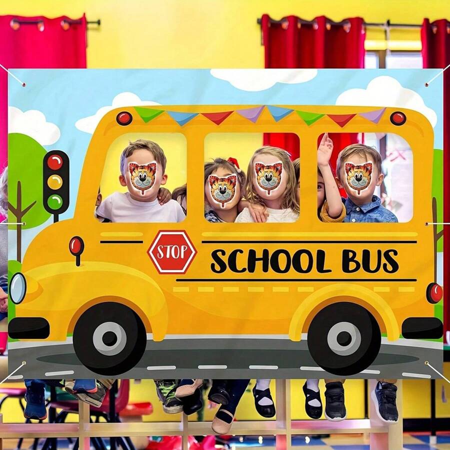 1 * 1,5 m Toile de fond d'autobus scolaire, accessoire photo amusant pour les célébrations d'anniversaire et de remise des diplômes