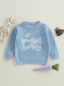 Toddler Easter Sweaters Bunny Ear Pattern Letter Long Sleeve Round Neck Ribbed Knit Jumper Tops