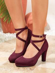 女士交叉搭扣高跟鞋，适合派对、T台走秀，低鞋面舒适，酒红色天鹅绒时尚百搭粗跟鞋，酒红色高跟鞋，办公工作鞋，春秋季酒红色厚底高跟鞋 - 酒紅色 - 查看 3