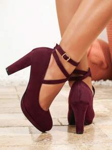 女士交叉搭扣高跟鞋，适合派对、T台走秀，低鞋面舒适，酒红色天鹅绒时尚百搭粗跟鞋，酒红色高跟鞋，办公工作鞋，春秋季酒红色厚底高跟鞋 - 酒紅色 - 查看 4