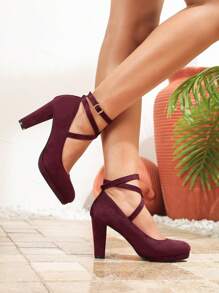 女士交叉搭扣高跟鞋，适合派对、T台走秀，低鞋面舒适，酒红色天鹅绒时尚百搭粗跟鞋，酒红色高跟鞋，办公工作鞋，春秋季酒红色厚底高跟鞋 - 酒紅色 - 查看 2