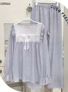 COTOLO Conjunto de Pijama de Mujer con Encaje Cuello Cuadrado Moño Estilo Holgado a Cuadros Multicolor y Dulce para el Hogar Conjunto de Pijama de Mujer,pijamas de mujer,pijama,pans de mujer,pijamas - Azul y blanco - Ver 8
