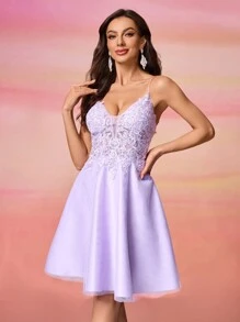 女士纯色网眼露背无袖连衣裙，简约时尚，派对礼服，婚礼宾客礼服，正式礼服，晚礼服