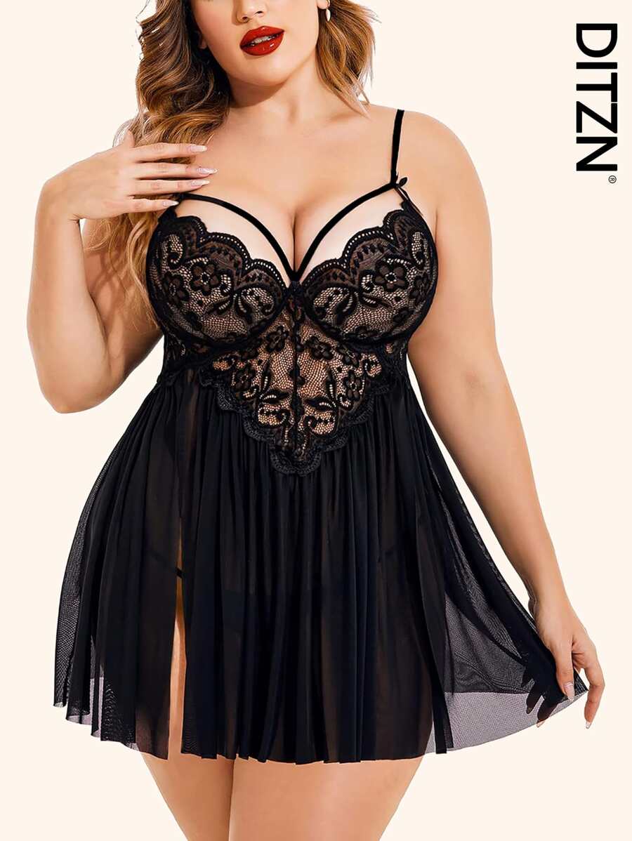 DITZN Plus Size Doll Shirt Women's One-Piece See-Through Erotic Sexy Lingerie Sheath Buckle Dress Open Gear Lace Pajamas Summer Breathable Nightgown (Free Thong) For Rave