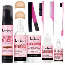11件/8件套假发安装套装，包含：蕾丝染色摩丝、造型喷雾、蕾丝前假发胶水、发蜡棒、胶水去除剂、松紧带、造型梳、边缘刷、假发染色工具（适用于假发和接发）