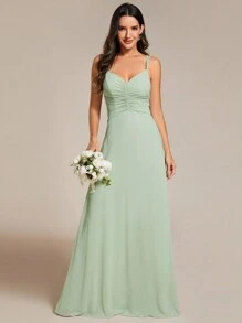 EVERPRETTY V-Neck Pleated Front Bridesmaid Dress - Mint Green - View 5