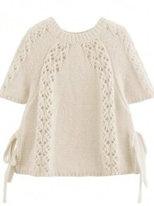 Suéter de manga corta con cuello redondo y cordones para mujer, tops de crochet, camisetas holgadas - Beis - Ver 1